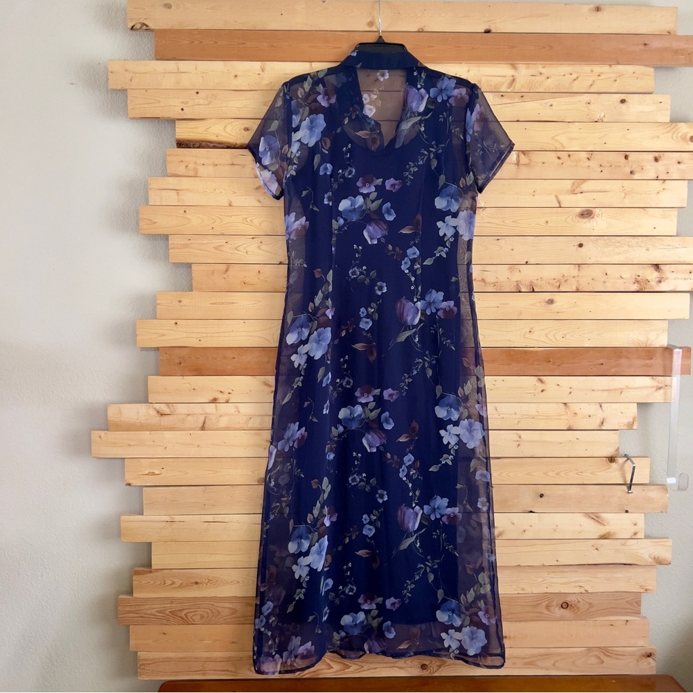 Vintage EnFocus Studio Navy Blue Floral Print Sheer Maxi Shirt Dress Set Size 6 - Picture 7 of 14
